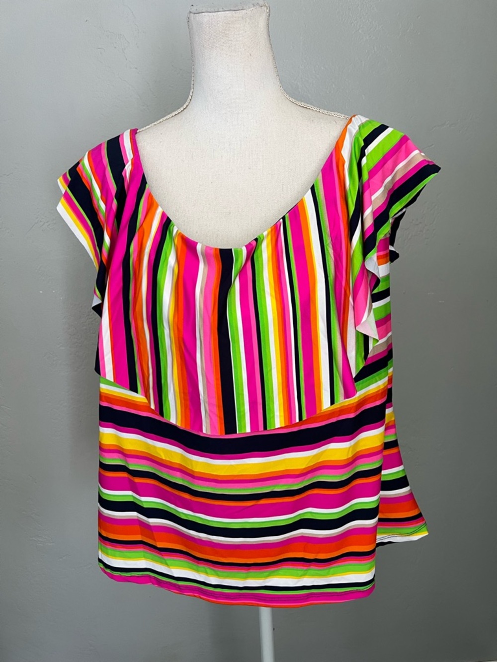 Trina Turk Neon Multi-Stripe Tankini, V-Neck, Casual, Swimsuit Tops for Women